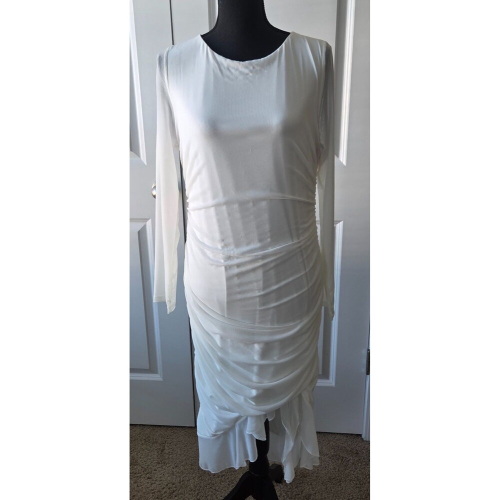 Zattcas White Ruched Long Sleeve Midi Dress Size L Ruffle Hem